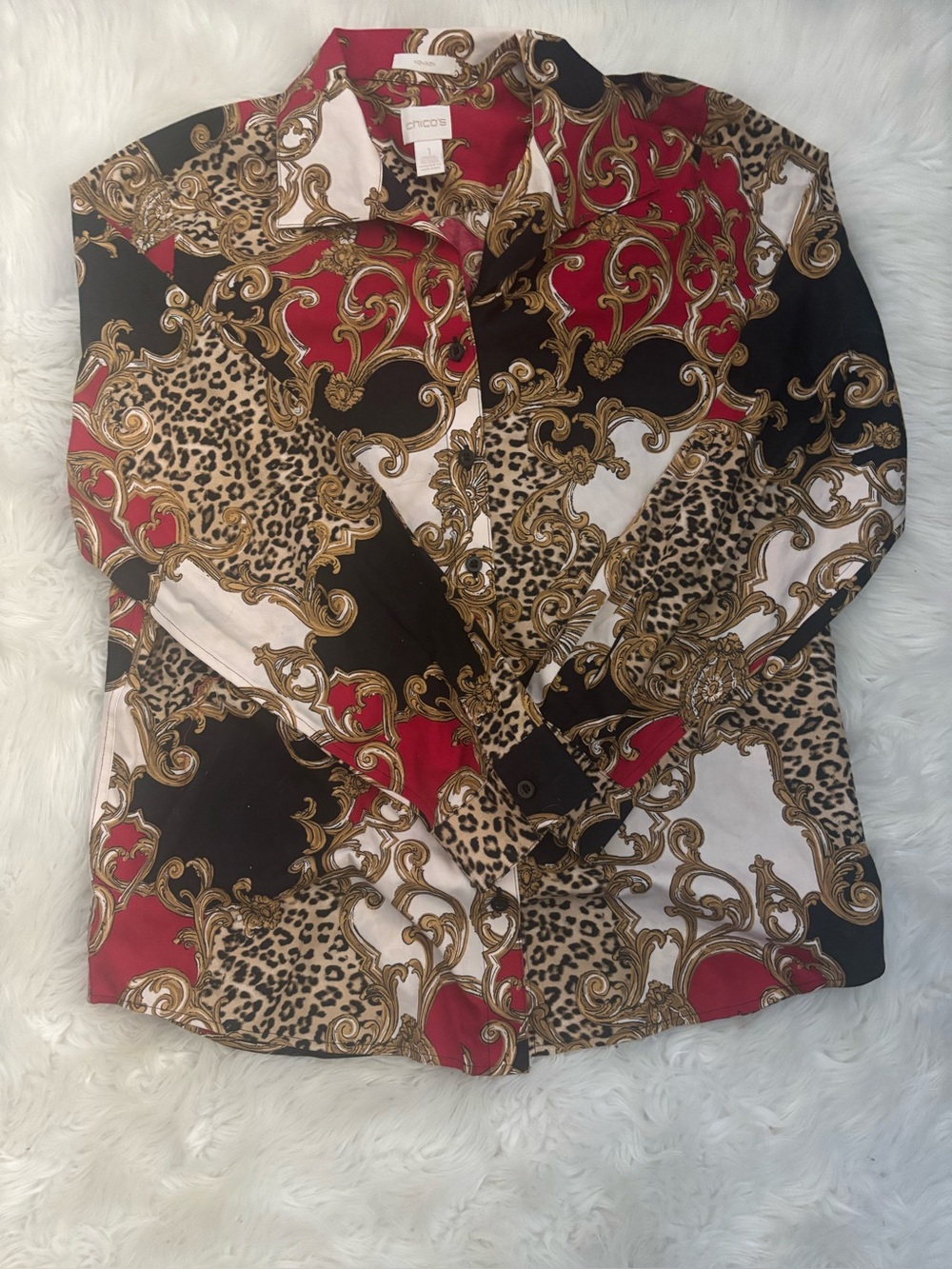 Chico's Red, Black & Cream Baroque Leopard Button-Up Blouse